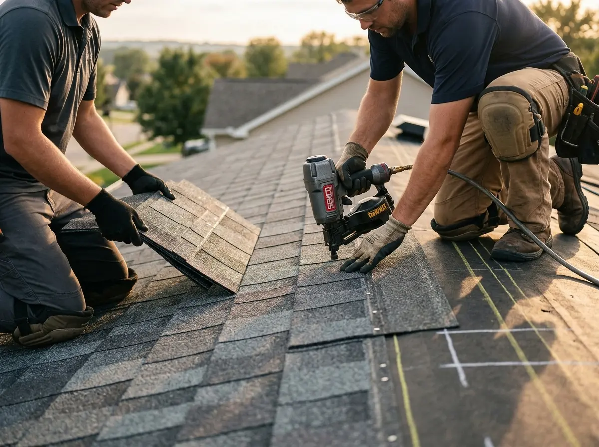 Professional roofer working on a residential roof in Lindale